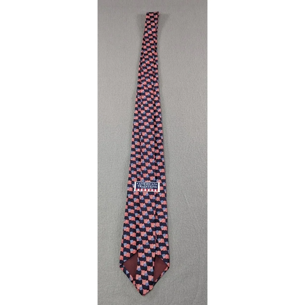 American Traditions Mens Vintage 90s American Flag Silk Necktie OS Navy Blue Red